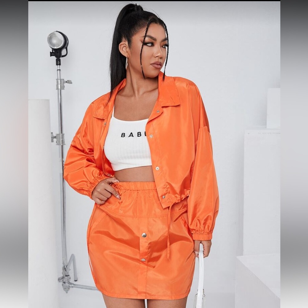 Sporty Chic Orange Streetwear Mini Skirt Set. Jacket and Mini Skirt NWOT